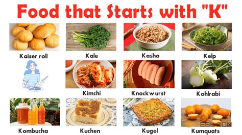 Food start with k - Ketchup. Kidney bean. Kingfish. Knackwurst: A term used for thick, highly seasoned sausage. Kipper: A name used for smoked or salted herring fish. Kitkat. Kohlrabi: A cabbage with a swollen edible stem. Kuka: A leafy vegetable used in cooking native to parts of Africa and Asia. Kurrat: A vegetable used in cooking.